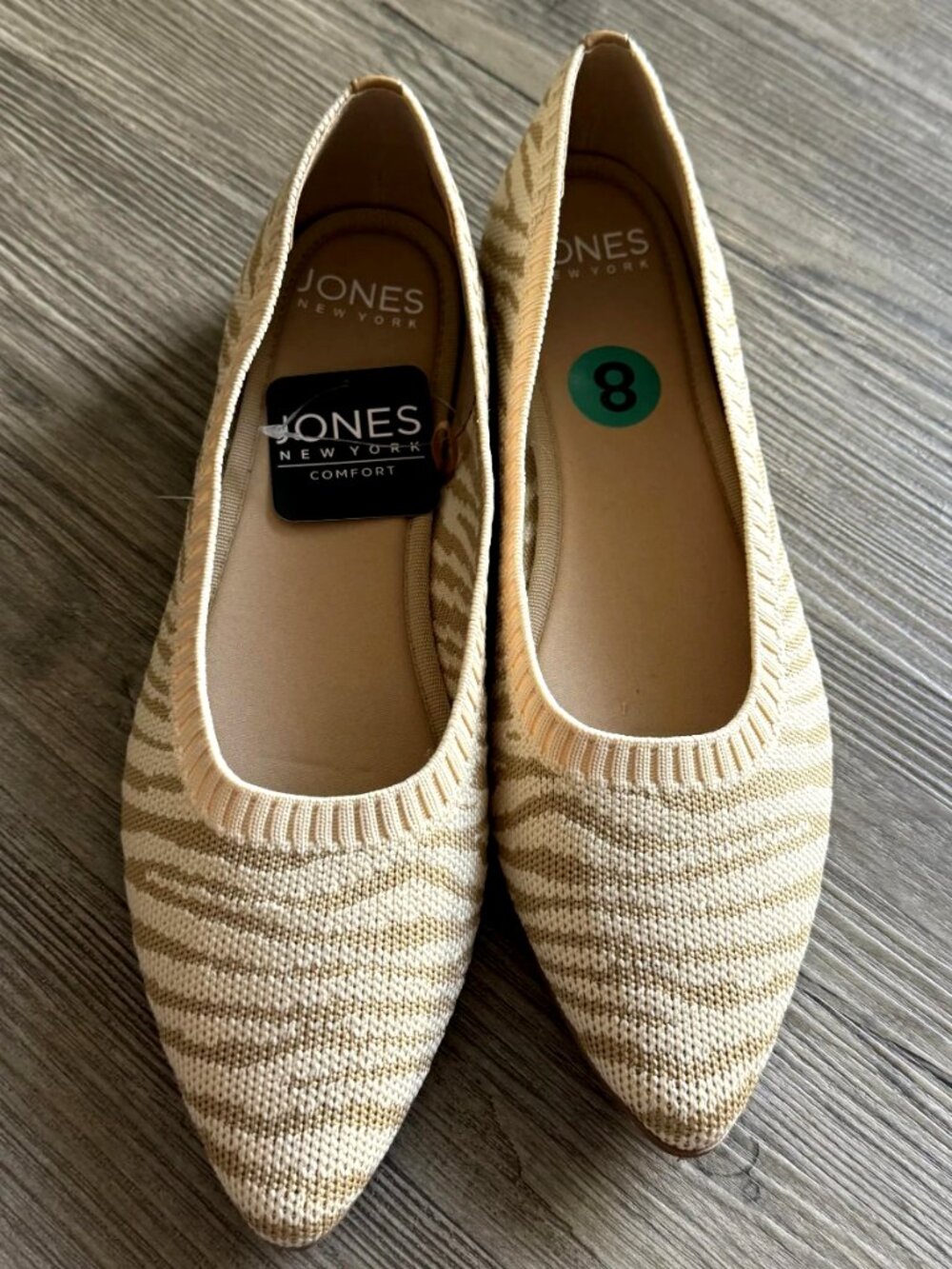 Jones New York Comfort Women's Pointed Toe Knit Flats Beige Zebra Print 8 NWT